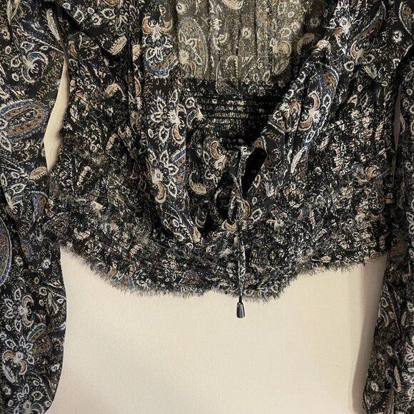 Free People Women M Black Paisley Boho Long Sleeve Smocked Lolita Peasant Top - Picture 4 of 10